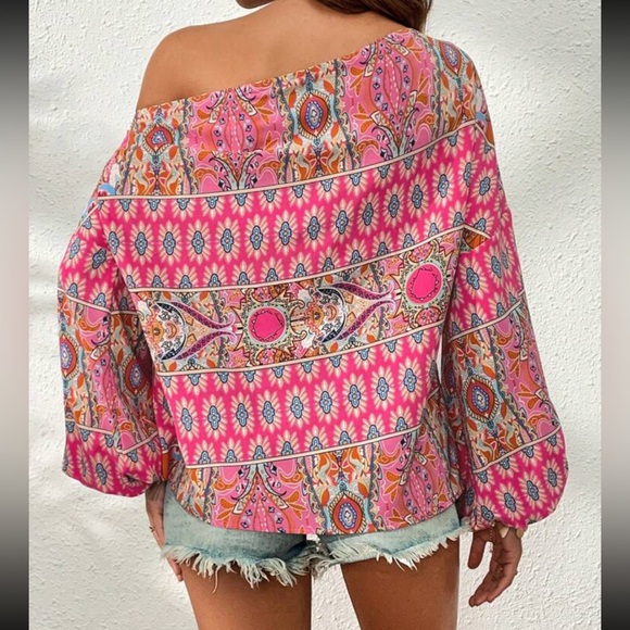 Boho floral print off shoulder lantern sleeve blouse - Picture 7 of 16